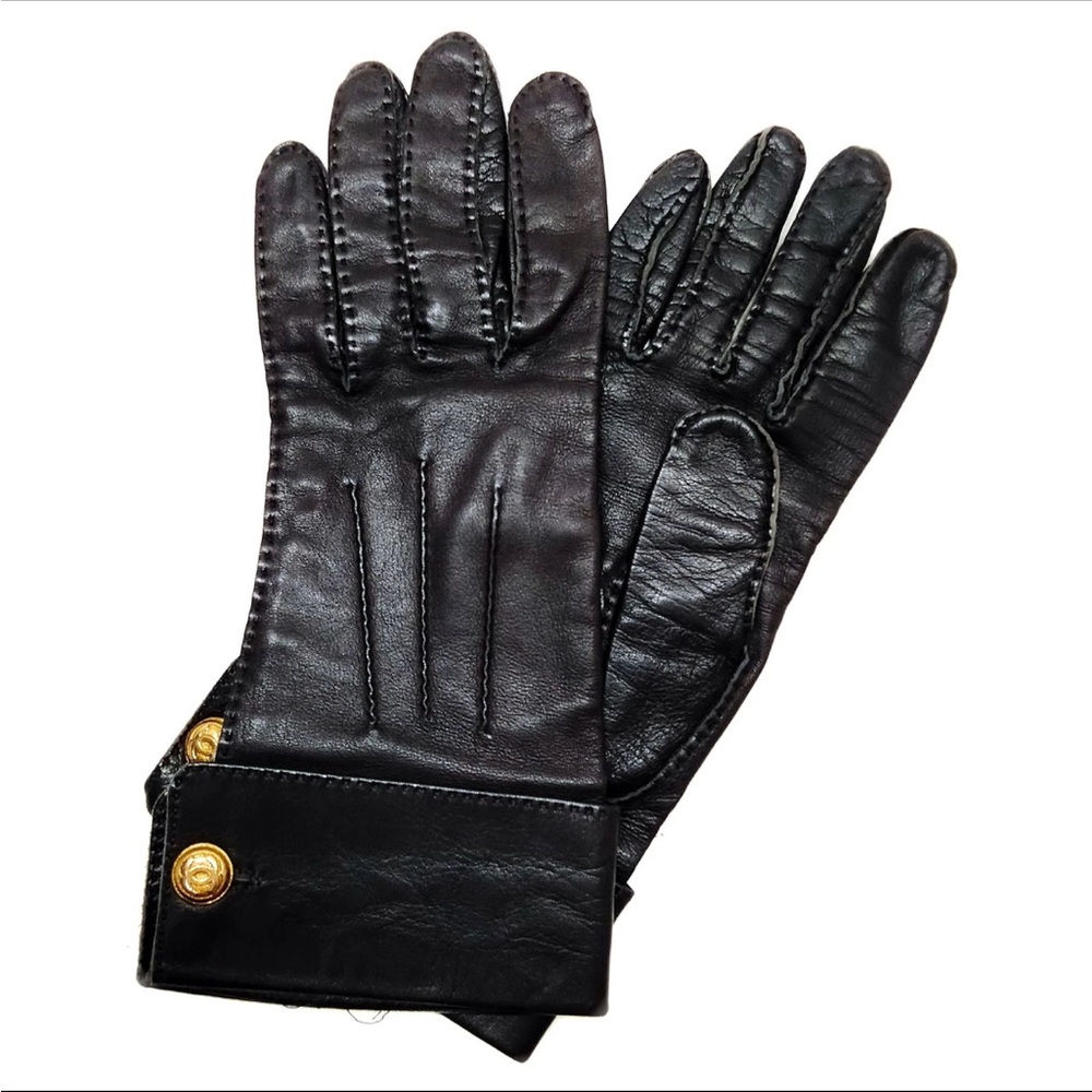 CHANEL Black Lambskin Leather Gloves with CC Gold Buttons